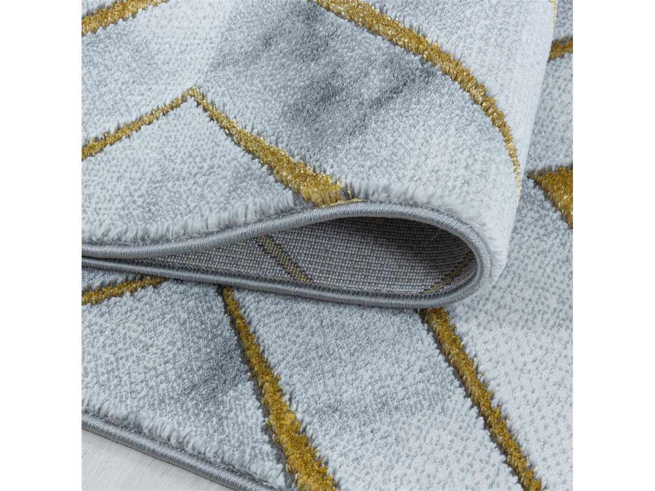 Wohnzimmerteppich Kurzflor Teppich Design Marmoriert Rauten Karo Gold - Image 4