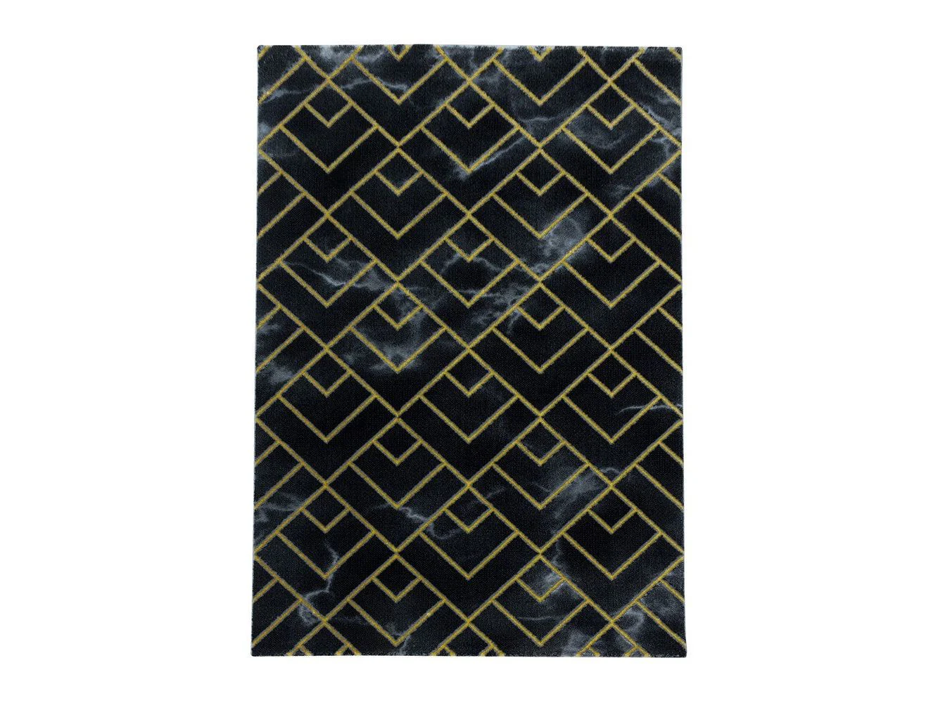 Wohnzimmerteppich Kurzflor Teppich Dunkel Marmoriert Linien Karo Gold - Image 3