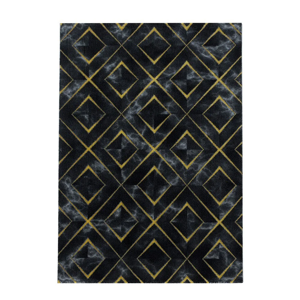 Wohnzimmerteppich Kurzflor Teppich Dunkel Marmoriert Rauten Karo Gold - Image 3