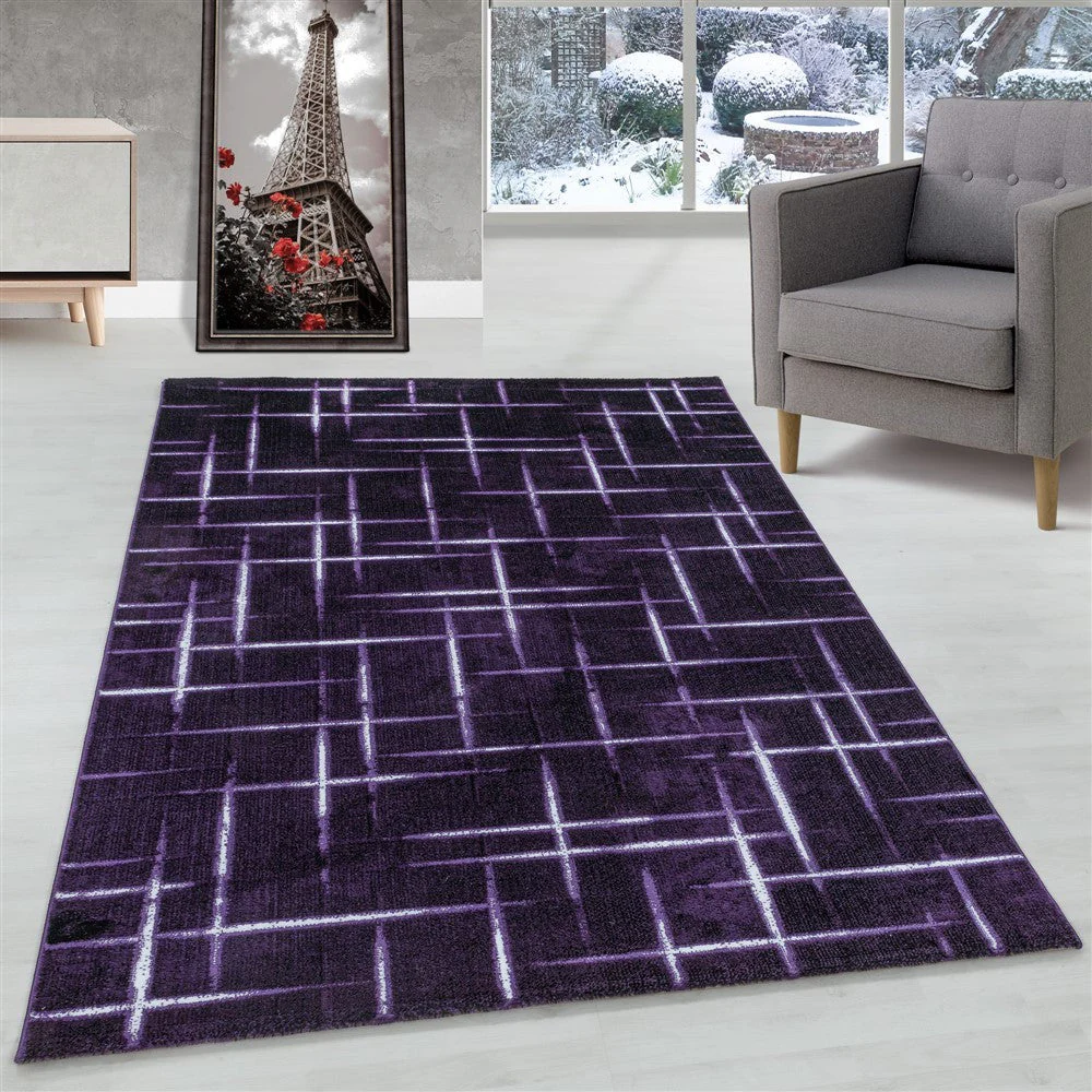 Wohnzimmerteppich Kurzflor Teppich Gitter Design Muster Soft Flor Lila