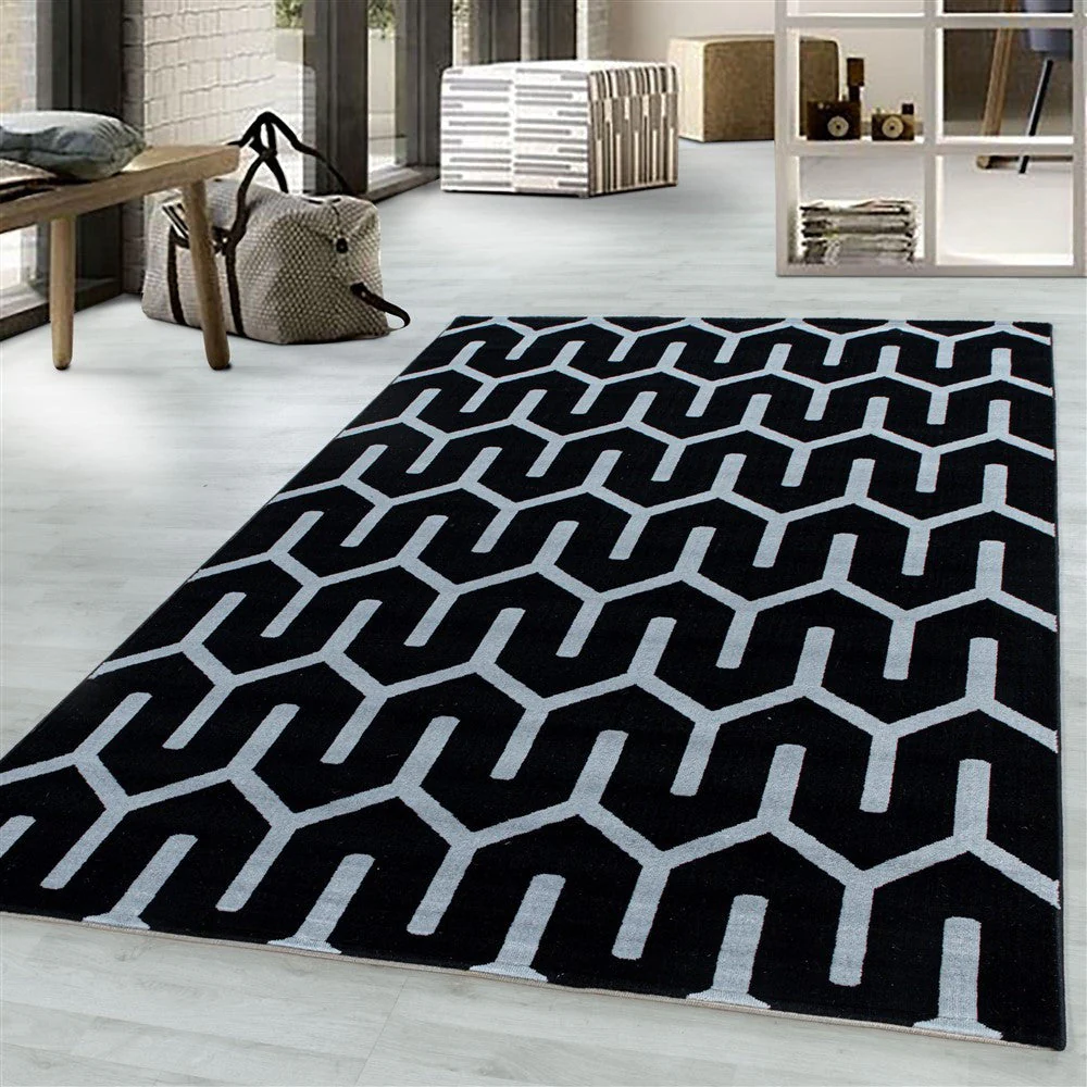 Wohnzimmerteppich Kurzflor Teppich Gitter Design Soft Flor Schwarz