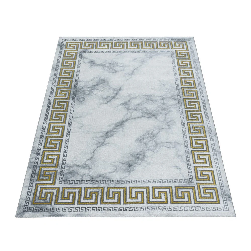 Wohnzimmerteppich Kurzflor Teppich Marmor Design Bordüre Antik Gold - Image 2