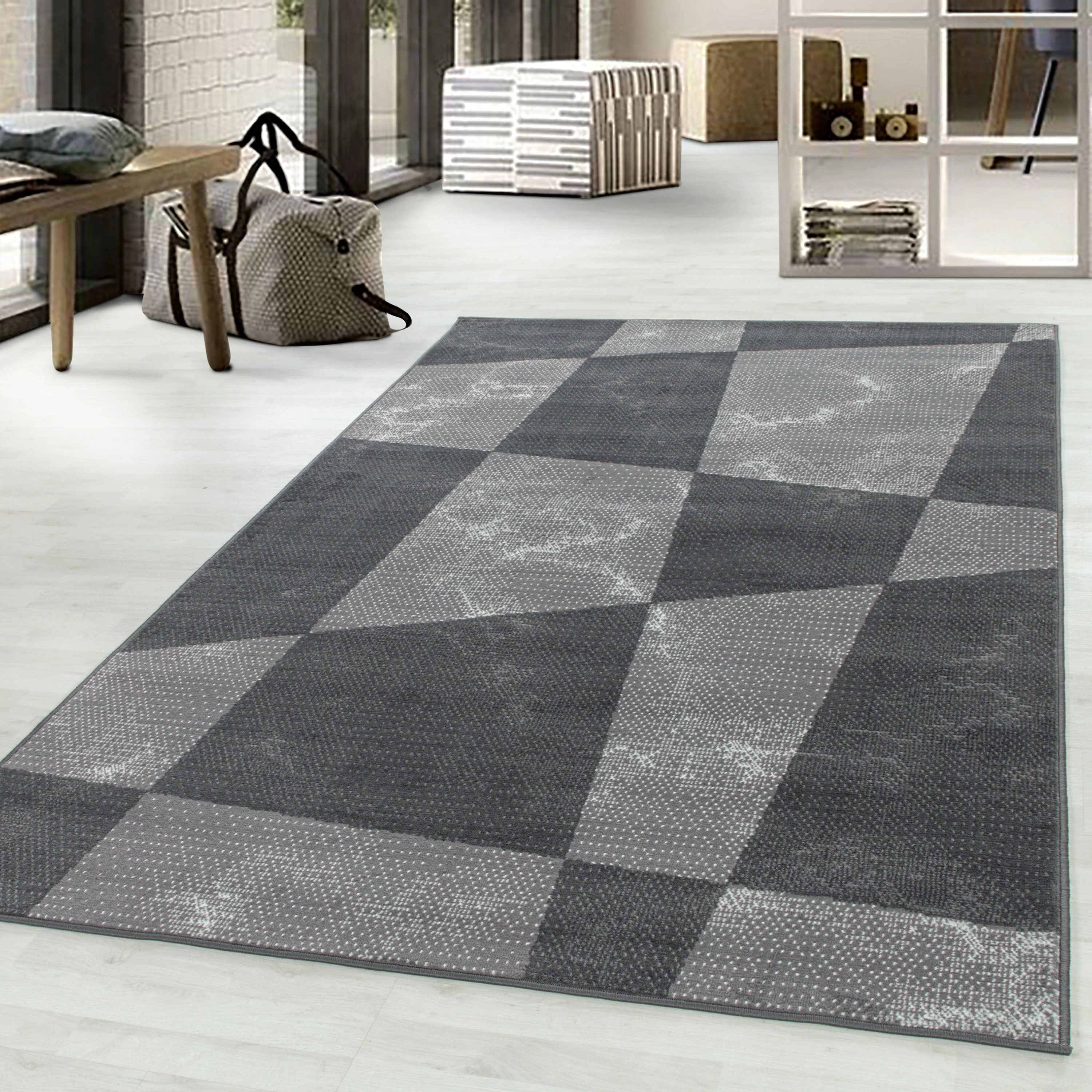 Wohnzimmerteppich Kurzflor Teppich Modernes Formen Muster Flor Weich Grau