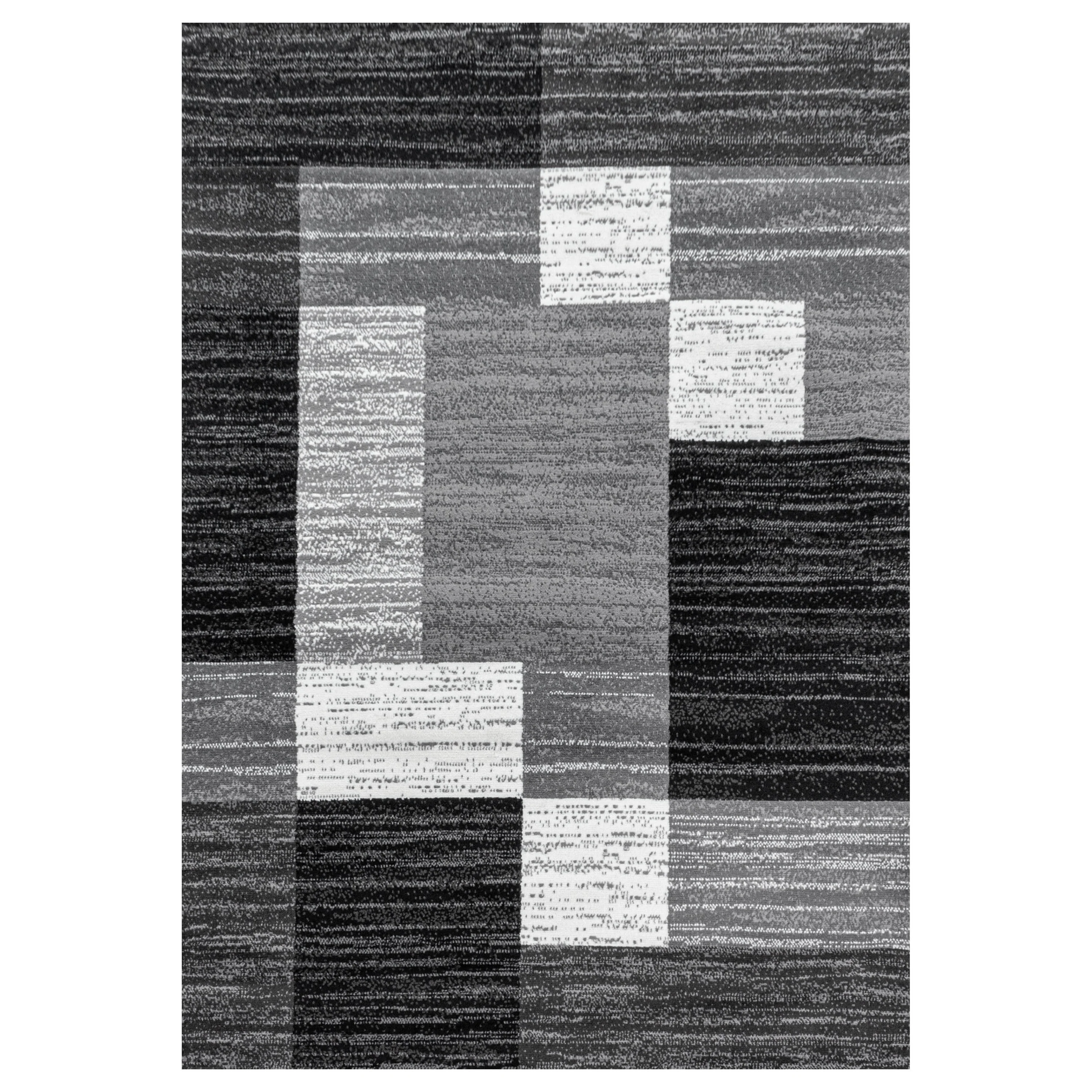 Wohnzimmerteppich Kurzflor Teppich Modernes Kachel Muster Flor Weich Schwarz - Image 2