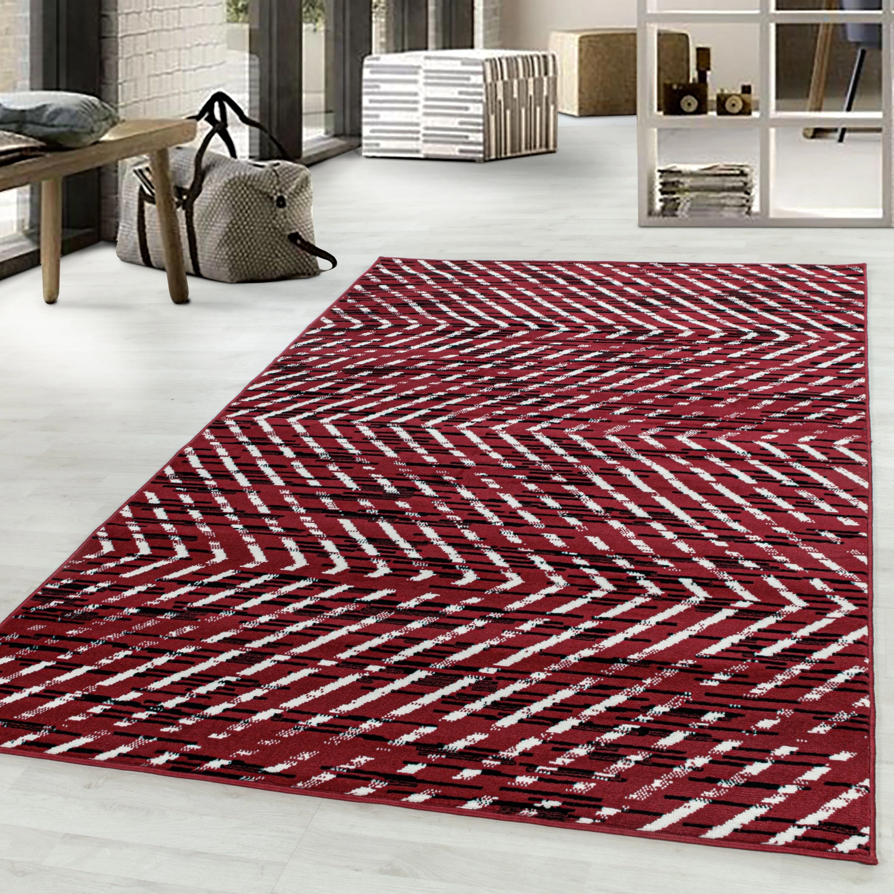 Kurzflor Teppich Rot | Modernes Strukturmuster