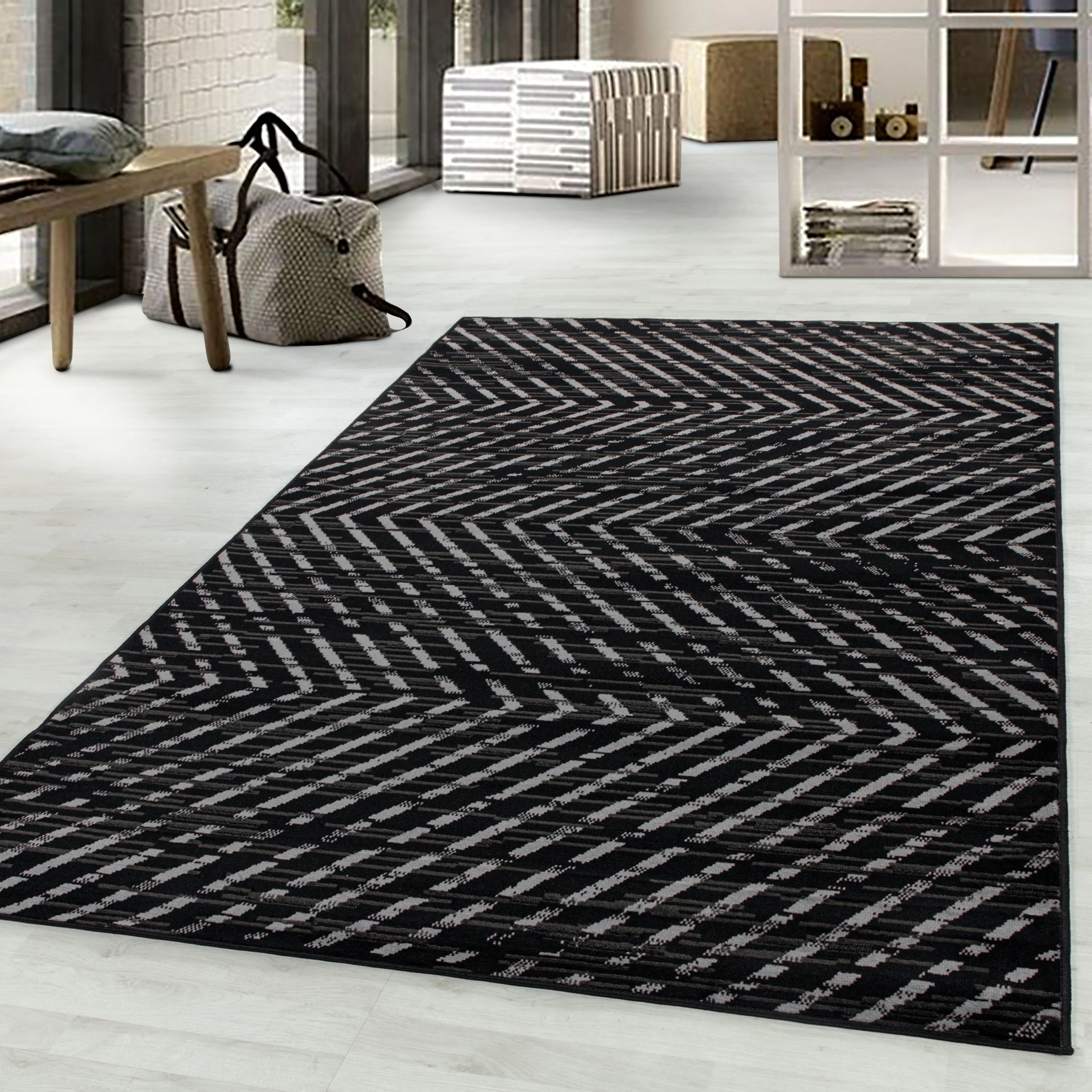 Kurzflor Teppich Schwarz | Modernes Strukturmuster