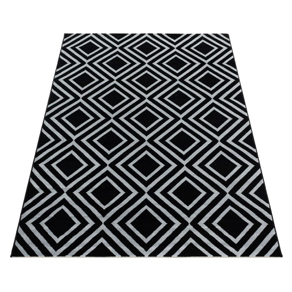 Wohnzimmerteppich Kurzflor Teppich Rauten Gitter Design Schwarz - Image 2