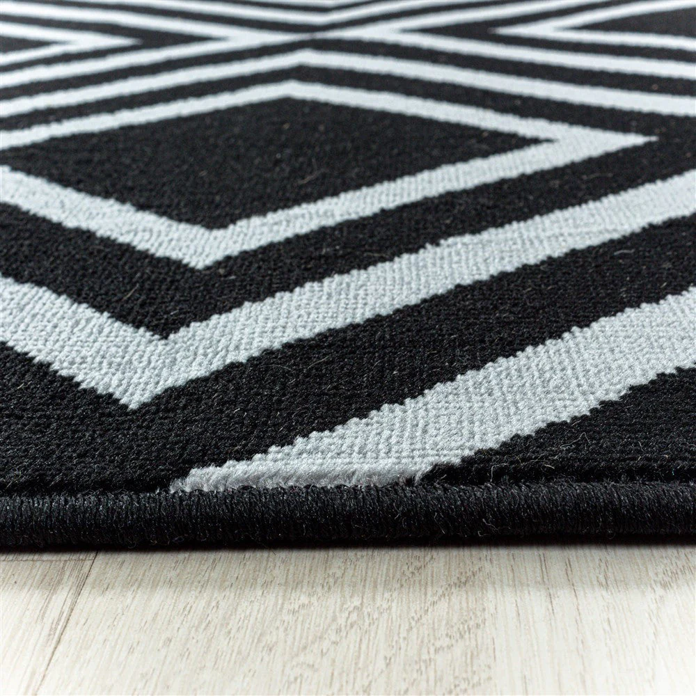 Wohnzimmerteppich Kurzflor Teppich Rauten Gitter Design Schwarz - Image 4