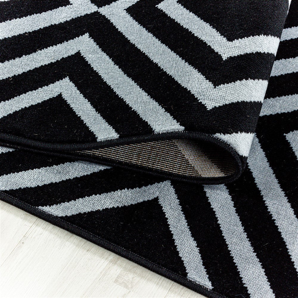 Wohnzimmerteppich Kurzflor Teppich Rauten Gitter Design Schwarz - Image 5