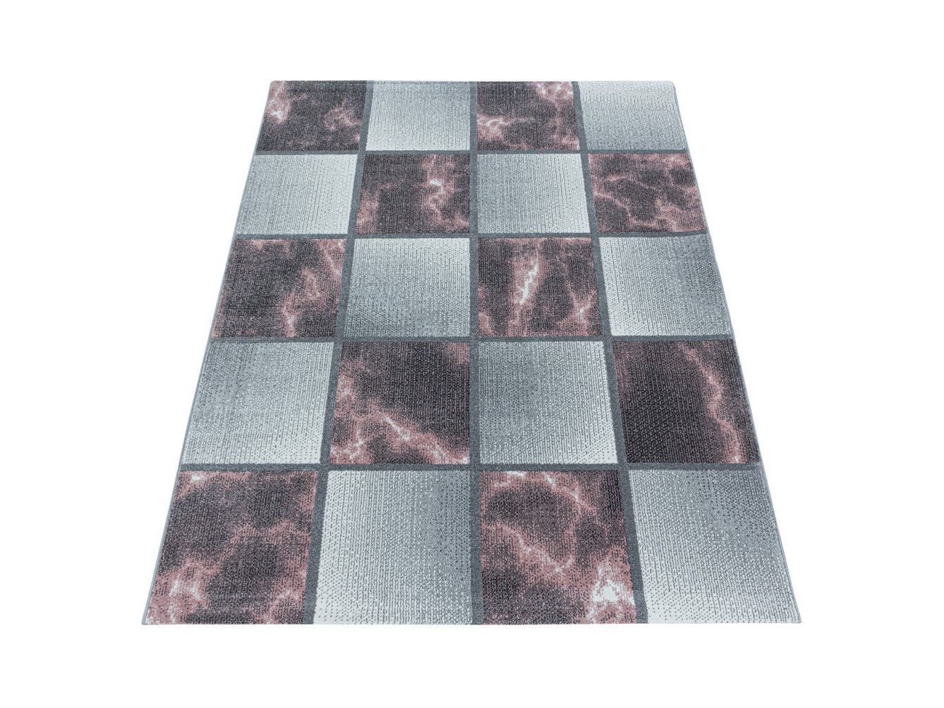 Wohnzimmerteppich Kurzflor Teppich Rosa Grau Quadrat Muster Marmoriert Weich - Image 3
