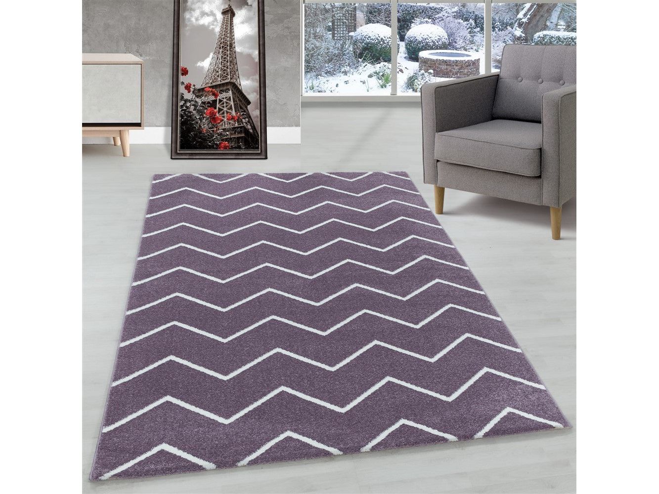 Moderner Kurzflor Teppich in Lila: Wellen Linien Design